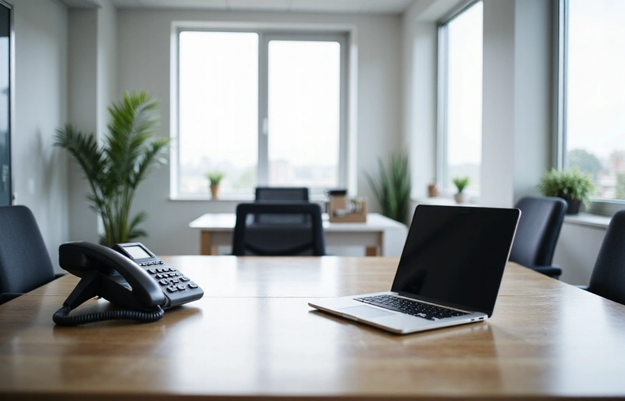 Nowoczesne biuro z przyjazną atmosferą, telefonem i laptopem na biurku
